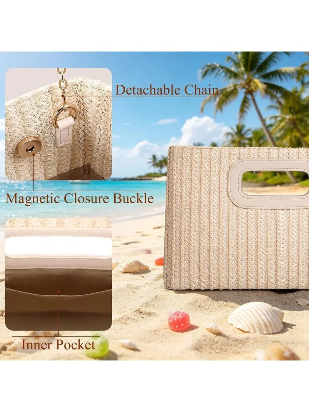 Women's Beige Clutch Handbag Modern Faux Leather with Metal Handle Evening Bag